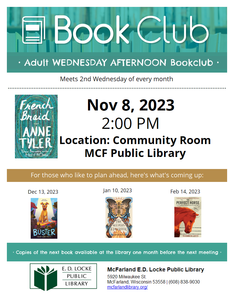 Wednesday Afternoon Book Club meets the 2nd Wednesday of each month from 2-3 PM