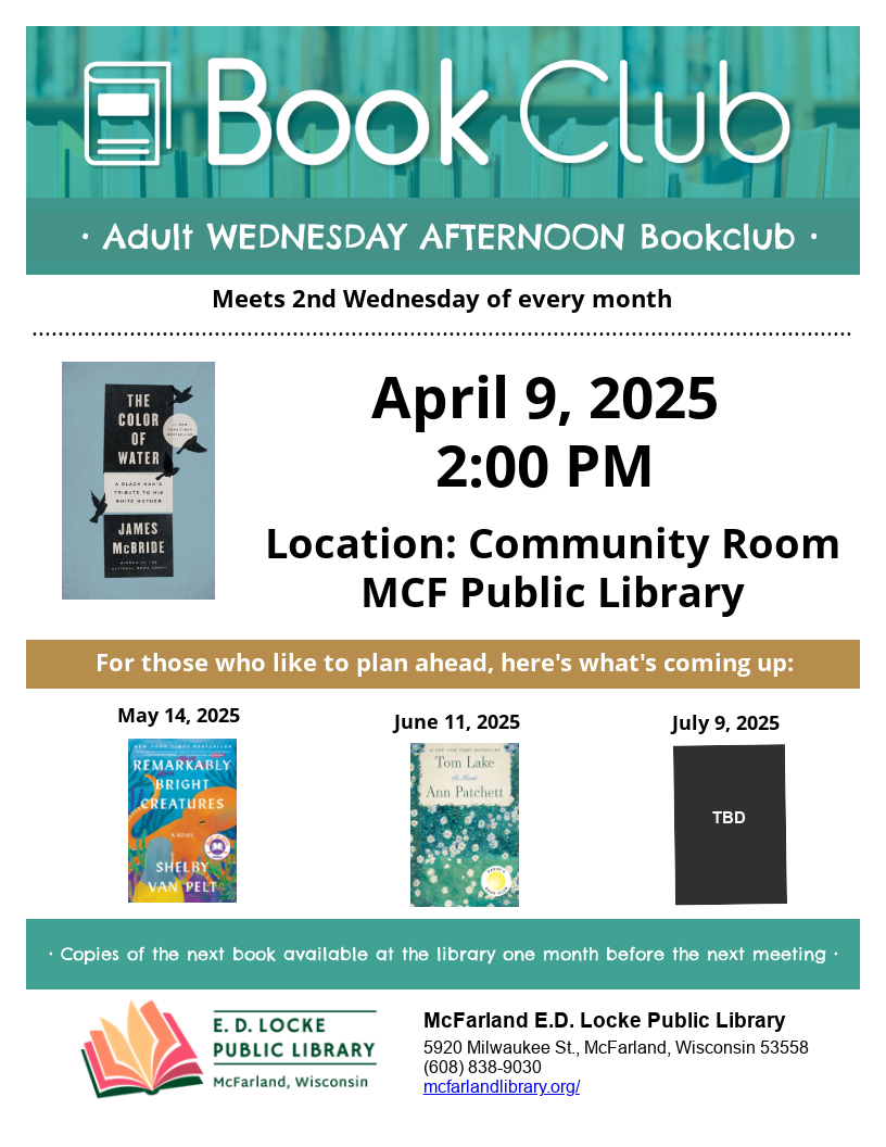 Flyer for Book Club meeting in April: 4/9/25