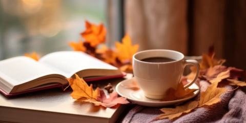 A photo of a book open next to a cup of coffee.  Fall leaves are laying around both objects